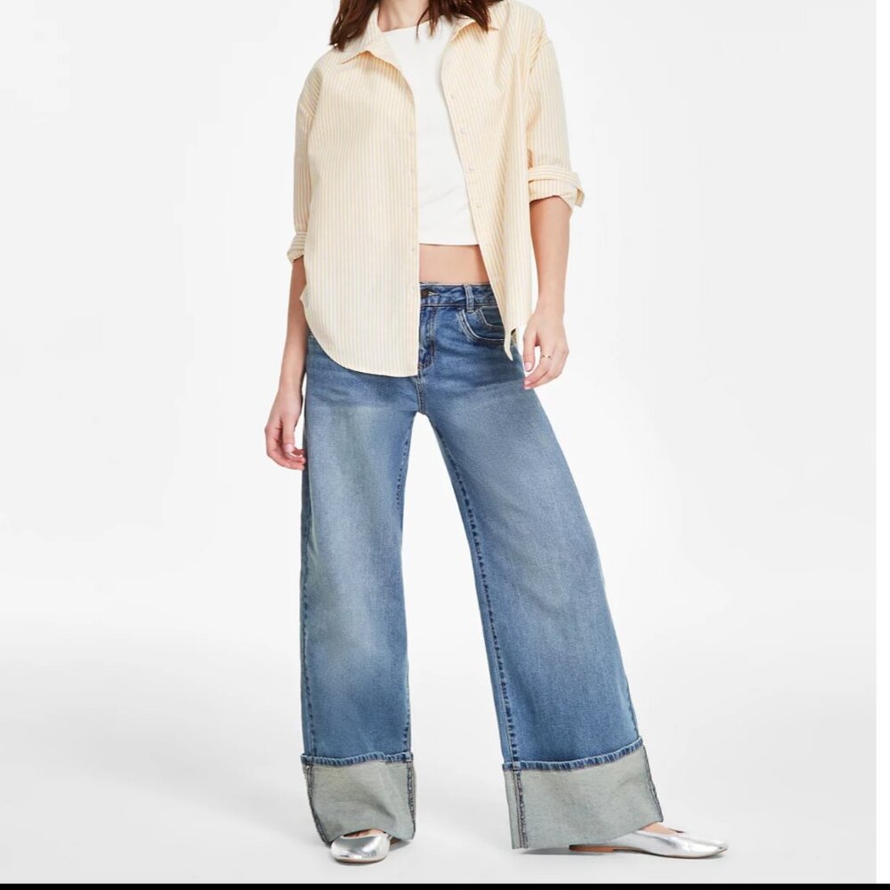 Madden Girl Juniors' High-Rise Slouchy Wide-Leg Cuffed Jeans 9